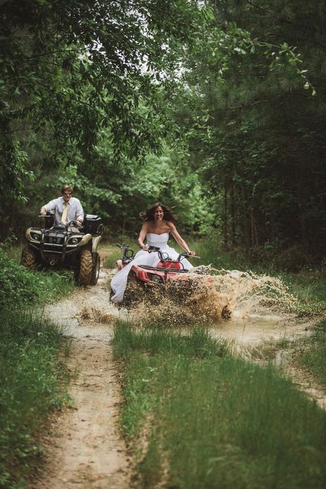 Muddy Trash-the-Dress Shoot Muddy Wedding Photos, Mudding Wedding Ideas, Four Wheeler Wedding, Red Neck Wedding Ideas, Mud Engagement Photos, Muddy Engagement Photos, Atv Engagement Photos, Mudding Wedding, Atv Photoshoot