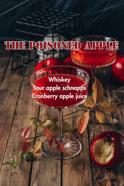 A deep red Poisoned Apple Cocktail garnished with a shiny apple slice, inspired by Snow White’s famous tale. Cruella Deville Cocktail, Cranberry Apple Juice, Edible Gold Glitter, Disney Inspired Cocktails, Apple Schnapps, Apple Pucker, Mimosa Cocktail, Apple Whiskey, Poisoned Apple