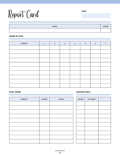 A printable homeschool report card template with sections for recording grades by subject and task, final grades, and grading scales. Report Card Template Free Printable, 2nd Grade Report Card Template, Free Report Card Template, Preschool Report Card Templates, Progress Report Template Free Printable, Daily Progress Report, Attendance Sheet, Report Card Template, Report Card