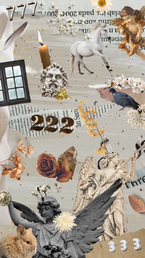 A beautiful beige and golden phone background image with scrapbook paper cutouts, god and goddess statues, crystals and gems, flowers and leaves, 777 angel number, 222 angel number, 333 angel number, a bunny rabbit, crystals, pigeon, cherub, horse, window, and candle. Tagged with @dreamandjot inside image. ✨ #designinspiration #funkywallpapers #iphonewallpaper #iphonebackground Aesthetic Collage Wallpaper, 333 Angel Number, 777 Angel Number, Angel Number 333, Goddess Statues, 222 Angel Number, Angel 444, Angel Number 777, God And Goddess