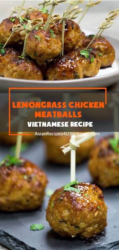 These Vietnamese Lemongrass Chicken meatballs are full of Asian flavors, crammed with protein, crazy tender, super easy to make and perfect little balls of deliciousness…. #Vietnamese #Recipes #Chicken Vietnamese Lemongrass Chicken, Vietnamese Recipes Chicken, Vietnamese Snacks, Lemon Grass Chicken, Asian Chicken Meatballs, Lemongrass Recipes, Easy Vietnamese Recipes, Lemongrass Chicken, Meatball Dinner