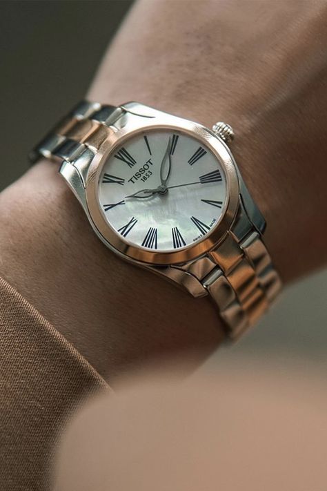 There is a certain grace in how the roman indices embrace the mother-of-pearl dial. It is that elegance and lightness that inspired the design of the Tissot T-Wave. Picture by @any_yoyo Tissot Watches Women, Fancy Watches, Tissot Watches, Watches Women, Watch Collection, Rolex Watches, Gold Watch, Mother Of Pearl, Apple Watch