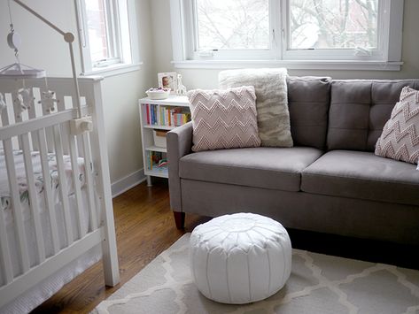 Nursery With Sleeper Sofa, Nursery With Futon, Couch In Nursery, Nursery With Couch, Nursery Couch, Gray Theme, Couch Accessories, Crib Accessories, Mattress Couch