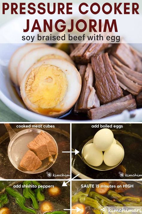 This Pressure Cooker Jangjorim is an adapted recipe of my classic Korean soy-braised beef side dish that's delicious warm or cold and is a perfect addition to lunchboxes (dosirak). This recipe makes everything so simple yet just as tasty as the regular stovetop recipe. Great on rice bowls, bibimbap and kimbap! #koreanfood #instantpotkorean #banchan #asianfood #instantpotbeef #kimchimari Jangjorim Recipe, Korean Side Dishes, Recipes Family, Thai Dishes, Braised Beef, Pressure Cooker Recipes, Healthy Ingredient, Rice Bowls, Cooking Meat