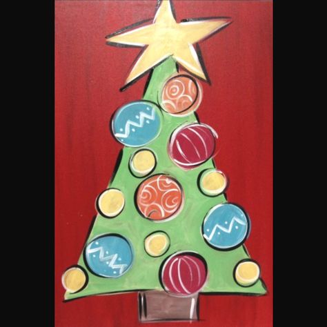 Cute tree Beginners Painting, Christmas Canvas Art, Christmas Paintings On Canvas, Easy Canvas, Kids Canvas, Christmas Tree Painting, Holiday Painting, Easy Canvas Painting, Canvas Ideas