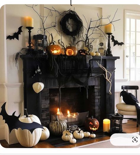 Halloween Mantle Decor With Tv, Hearth Decorations, Halloween Mantles, Halloween Fireplace Decor, Halloween Mantels, Halloween Fireplace Mantle, Halloween Entrance, Fire Mantle, Samhain Decorations