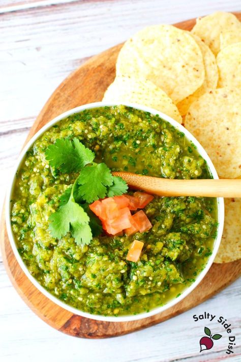 Easy Roasted Tomatillo Salsa with Air Fryer in Under 10 Minutes! Tomatillo Hot Sauce, Salsa With Tomatillos, Mexican Side Dish, Roasted Tomatillo Salsa, Roasted Salsa, Mexican Side, Roasted Tomatillo, Tomatillo Sauce, Mexican Side Dishes