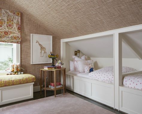 From sweet spaces to crisp nautical stripes to cozy reading nooks, here are some truly creative children's rooms bringing big style to the little set. Bed Under Sloped Ceiling, Bedroom Ideas Slanted Ceiling, Slanted Ceiling Bedroom, Creative Kids Rooms, Attic Bedroom Designs, Bunk Beds Built In, Built In Bed, Built In Bunks, Bunk Rooms