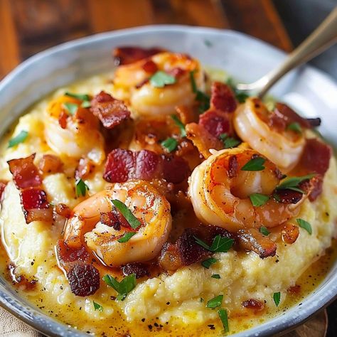 Bacon Grits Casserole, Cheesy Shrimp And Grits Recipe Southern, Shrimp And Grits With Bacon, Shrimp And Grits With Sausage, Shrimp Bacon Recipes, Simple Shrimp And Grits Recipe, Shrimp And Bacon Recipes, Bobby Flay Shrimp And Grits Recipe, Lobster Grits