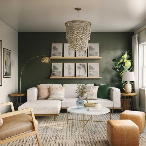 Green Walls Living Room, Sage Green Living Room, Green Living Room Decor, Green Accent Walls, Beige Living Rooms, Accent Walls In Living Room, Brown Living Room, Living Room Decor Cozy, Living Room Green