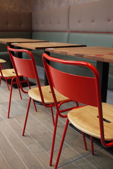 Working Girl Chair by David Irwin for Deadgood at the Scottish Exhibition and Conference Centre, Glasgow. Restaurant Chairs Design, Resturant Interior, Light Brown Table, Museum Cafe, Wayfair Living Room Chairs, Red Chair, Restaurant Chairs, Restaurant Furniture, Cafe Chairs