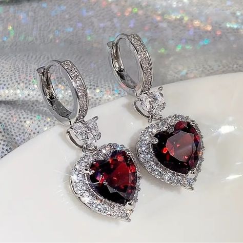 Red Stone Heart Silver Earrings Engagement Accessories, Garnet Heart, Red Heart Earrings, Love Earrings, Red Jewelry, Heart Dangle Earrings, Heart Shaped Earrings, Ruby Earrings, Rhinestone Wedding