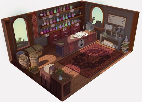 ArtStation - The Potion Shop, Peter Klijn Potion Shop Concept Art, Potion Shop Art, Fantasy Shop Art, Fantasy Potion Shop, Fantasy Shop Concept Art, Potion Shop Minecraft, Minecraft Potion Shop, Potion Station, Shop Concept Art