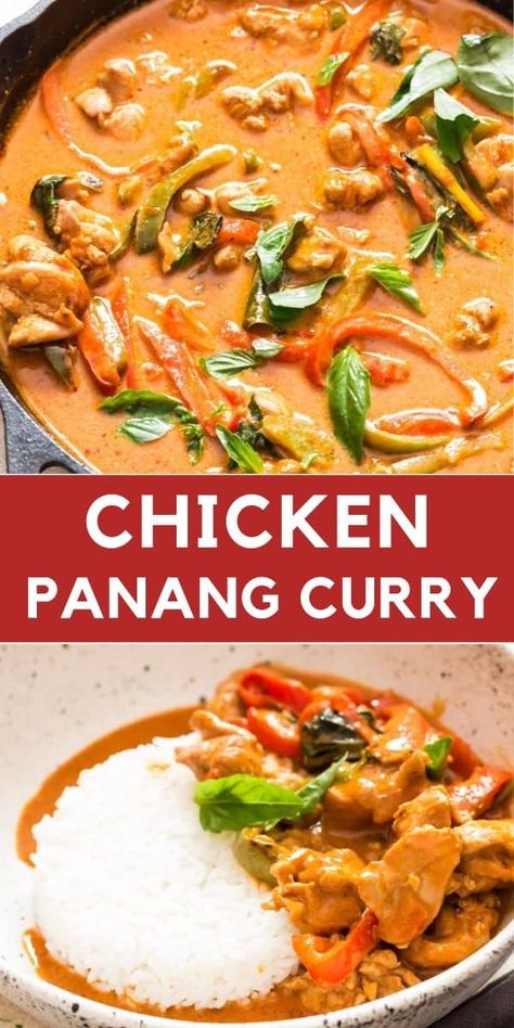 Thai chicken panang curry is a rich curry with complex flavors. You’ll need under 30 minutes to make this bright and hearty Thai Panang Curry. Panang curry is a thick Thai curry with a sweet, salty and nutty peanut flavour. It’s less spicy compared to the famous Thai curry. #thaicurry #panangcurry #chickencurry #chickenpanangcurry #chickenrecipes #panangcurryvideo ##easythaicurry #spicy #coconutmilk Pan Thai Recipes, Evil Jungle Chicken Curry, Easy Panang Curry, Maesri Curry Recipes, Red Curry Paste Recipe Chicken, Recipes Using Red Curry Paste, Recipes With Thai Basil, Recipes With Red Curry Paste, Different Types Of Curry