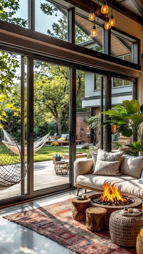 From glass walls to cozy patios, these indoor-outdoor living rooms bring fresh air and greenery into your space 🌿🏡. Perfect for a modern, earthy vibe. Cozy Patios, Indoor Outdoor Living Space, Indoor Outdoor Room, Airy Home, Indoor Outdoor Living Room, Cozy Patio, Outdoor Living Rooms, Glass Walls, Outdoor Living Spaces