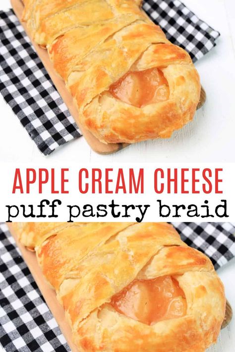 Treat your family to a flaky, delicious, and flavorful Apple Cream Cheese Puff Pastry Braid. This yummy treat is easy to prepare thanks to pre-made puff pastry, apple pie filling, and cream cheese. Apple Cream Cheese Puff Pastry Braid, Easy Apple Strudel Recipe Crescent Rolls, Cheesecake Apple Pie Puff Pastry Braid, Easy Recipes With Puff Pastry Sheets, Apple Cream Cheese Puff Pastry, Ways To Use Puff Pastry, Apple And Puff Pastry Recipes, What To Make With Puff Pastry, Recipes Using Puff Pastry Sheets