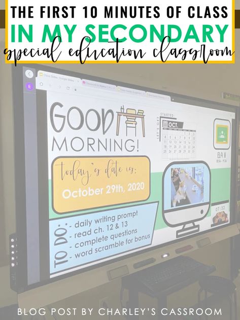 Unlocking Success: The Power of the First 10 Minutes in my High School Special Education Classroom! 🌟 Dive into my blog post where I share insights, strategies, and the incredible impact those crucial first moments have on setting the tone for a positive and productive learning environment. Ready to transform your classroom? Let's make those initial minutes count! 📚✨ #SpecialEducation #ClassroomSuccess #First10Minutes #PositiveStart #HighSchoolTeaching Daily Agenda Slides, High School Special Education Classroom, Middle School Special Education, High School Special Education, Special Education Math, Life Skills Classroom, Sped Classroom, Teachers Resources, Inclusion Classroom