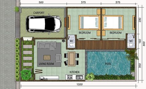 Small Villa Plan, Small Villa With Pool, Small Villa Design, Small House Blueprints, Bali Villas, Pool House Designs, Small Villa, Pool House Plans, House Cladding