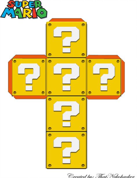 Mario Question Block Paper Craft Template by ThatNekohacker Patron Cube, Super Mario Bros Party Ideas, Mario Kart Party, Mario Bros Birthday Party Ideas, Mario Crafts, Mario Room, Nintendo Party, Super Mario Bros Birthday Party, Mario E Luigi