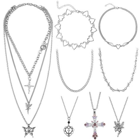 PRICES MAY VARY. [Package Include]: 10 pcs layered necklace. [DESIGN ELEMENTS]: Butterfly , Rose Cross , Fairy Necklace, Heart Choker , Heart Feather Angel， Thorns Necklace / Barbed wire necklace. Pink Rhinestones Cross Necklace [MATERIAL]: made of environment-friendly and harmless aluminum alloy. Not easy to fade. [WEIGHT]: the material is aluminum alloy. It's light. It doesn't feel heavy. [Cool GIFT]: Great gift Accessories for Y2K Gothic Grunge Style Friends. Alt Gyaru, Barbed Wire Necklace, Grunge Accessories, Layered Beaded Necklaces, Gold Leaf Pendant, Grunge Jewelry, Y2k Accessories, Y2k Jewelry, Surfer Necklace