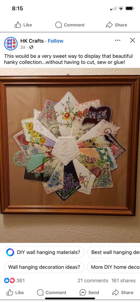 Framed Doilies, Handkerchief Crafts, Wall Hanging Diy, Crafts Ideas, Diy Wall, Cool Walls, Hanging Wall Decor, Doilies, Home Deco