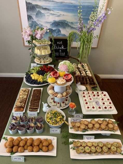 Tea Party Table Ideas For Adults, Tea Party Buffet Table Settings Ideas, High Tea Catering Ideas, High Tea Buffet Display, Bridal Tea Food Ideas, Tea Party Bridal Shower Foods, High Tea Brunch Ideas, Afternoon Tea Ideas Decorations Table Settings Garden Parties, High Tea Buffet Table