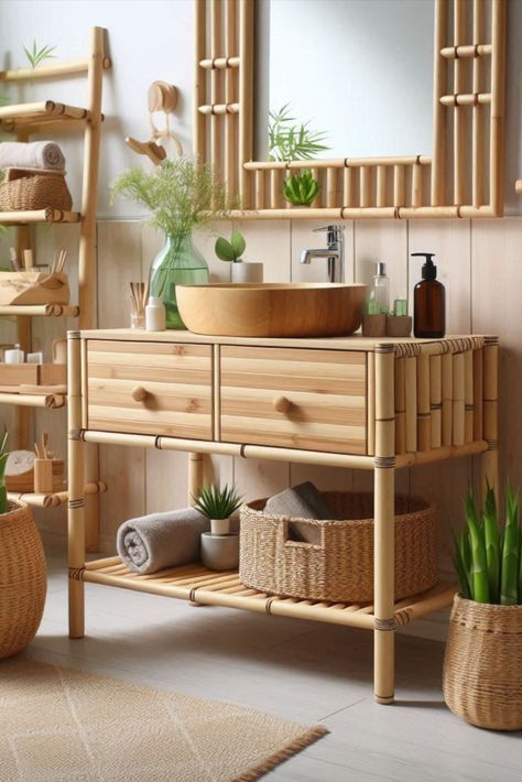 Go green without sacrificing style with this eco-friendly bamboo vanity. Natural finish brings warmth to your space. #EcoFriendly #BambooVanity Bamboo Vanity, Vanity Ideas, Eco Chic, Go Green, Bathroom Vanity, Vanity, Eco Friendly, Green, Dressing Table