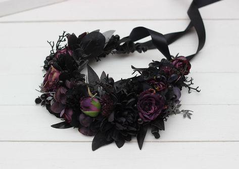 "Flower accessories are decorated with fabric and leaves. Size of flower crown - 19\"( 48 cm) Thanks for visiting!!" Black Flower Crown Wedding, Goth Flower Crown, Gothic Flower Crown, Steph Aesthetic, Wicca Wedding, Purple Black Wedding, Black Flower Crown, Hazbin Oc, Purple Flower Crown