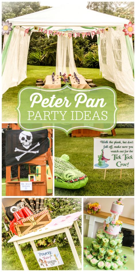 A Neverland themed girl birthday party with Tinkerbell, Peter Pan and fun games and activities!  See more party ideas at CatchMyParty.com! Peter Pan Party Ideas, Pirate Fairy Party, Tinkerbell Peter Pan, Peter Pan Party, Peter Pan And Tinkerbell, Tinkerbell Party, Fairy Birthday Party, Pirate Birthday Party, Pirate Birthday