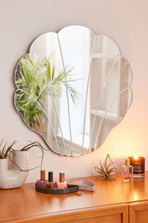 Urban Outfitters Shell Mirror | Bedroom, living or vanity home decor inspiration Mirrors Urban Outfitters, Room Mirror Ideas, Mermaid Home Decor, Ocean Room, Mermaid Bedroom, Mermaid Bathroom, Mermaid Room, Shell Mirror, Mirror Ideas