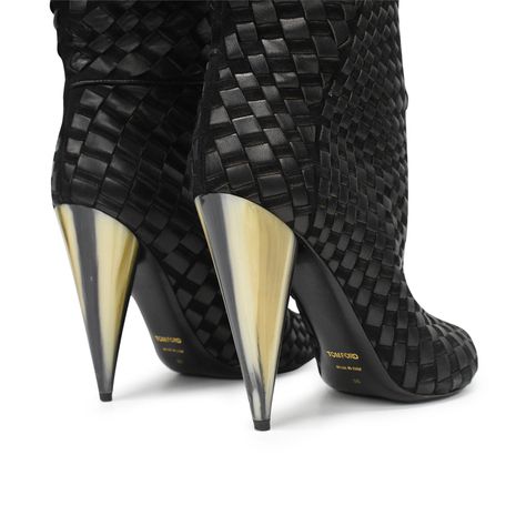 Tom Ford knee-high boots in black woven check leather and suede with a peep-toe opening and a pointed heel in a cream brushed horn effect. From the Tom Ford Fall/Winter 2013 runway collection. Brand = Tom Ford Size = 38 Condition = 9/10, Very good. Material = Leather Heel Height = 4.25" SKU = 11273-855