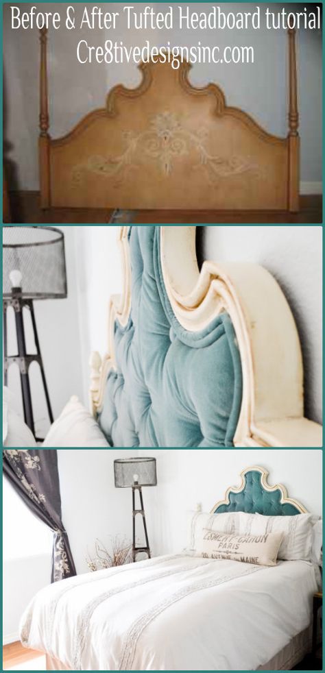 Upholster Headboard Diy, Bedroom Tufted Headboard, Tufted Headboard Tutorial, Headboard Makeover, Diy Tufted Headboard, Headboard Tutorial, Bar Bench, Old Headboard, Royal Bedroom