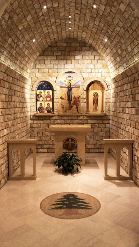 Chapel In Home, Home Chapel Ideas, Mini Chapel, Our Lady Of Lebanon, Church Design Sanctuary, Home Chapel, Chapel Ideas, Chapel In The Woods, Stone Chapel