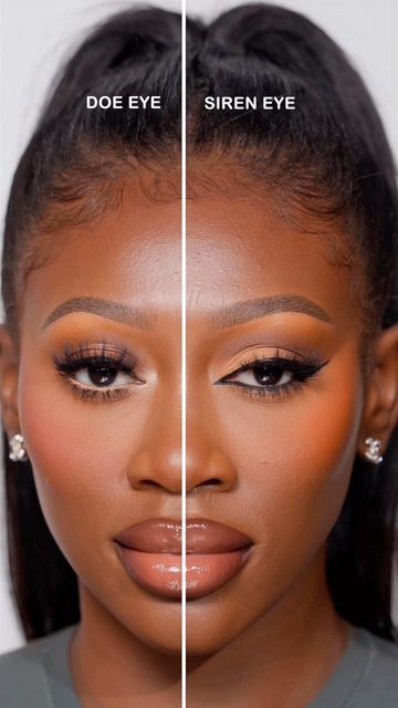 Makeup tutorials on Instagram: "Which do you prefer? Siren eye or doe eye ?🥰🔥🔥Tag your makeup bestie. Follow 👉🏾@finaafricanhairbraiding 👈🏾 for braids inspo Follow👉🏾@bhcoskin _ for skincare products @vanessa_gyimah _____________________________________ . _____________________________________ . . #melaninmakeup #melaninmakeupdaily #makeupforblackwomen #makeup #melaninpoppin #blackgirlmagic #makeupartist #melanin #mua #explorepage #wakeupandmakeup #melaninbeautiesunite #undiscovered #melan Hayley Bui, Siren Eye, Doe Eye Makeup, Dark Skin Makeup Tutorial, Magic Pencil, Siren Eyes, Valentino Beauty, Face Cake, Wedding Makeup Tutorial