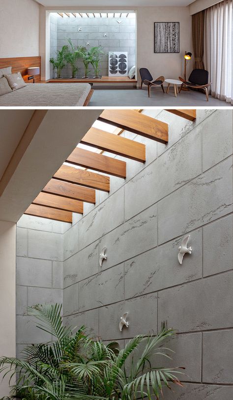 To Create Privacy For This New House, The Architects Used A Combination Of Screens And Courtyards Interior Design Per La Casa, Bedroom Seating, 아파트 인테리어, Patio Interior, Design Del Prodotto, Interior Garden, Modern Seating, Modern Bed, 인테리어 디자인