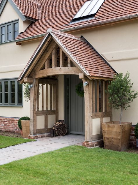 Border Oak Show House | Border Oak Rendered Cottage, Timber Porch, Rendered House, Gable Porch, Chalet Bungalow, Oak Porch, House Rendering, Porch Extension, Border Oak