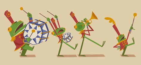 Frog Parade on Behance Animal Parade Illustration, Parade Drawing, Frog Character Design, Parade Illustration, Paradise Illustration, Frog Character, Book Illustration Layout, Animal Parade, Frog Illustration