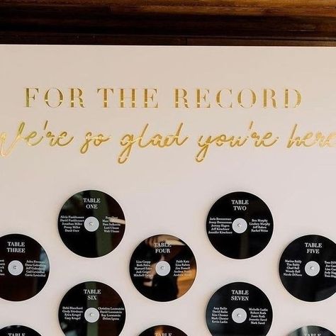 Joy | Wedding Websites & More on Instagram: "For the record, we love this seating chart idea! Tag a couple who would love this for their wedding 🎶💿⁠ 📷: @ryannlindseyphotography⁠ 📋: @yourjubileeweddings⁠ 🪧: @thedetailsduo⁠ 📍: @theclaytonhouse⁠ ⁠ ⁠ #escortcards #weddinginspo #weddinginspiration #withjoy #weddingplanning #engaged #seatingchart #weddingdetails #weddingideas #weddingstyle #weddingblog #weddingblogger" Wedding Personal Touches, Wedding Seating Chart Display, Music Themed Wedding, Country Theme Wedding, For The Record, Cute Wedding Ideas, Wedding Pins, Wedding Music, Wedding Mood Board