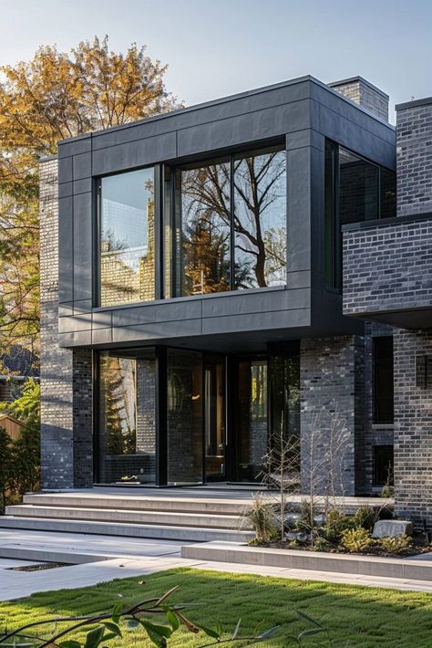 Grey Brick Facade Contemporary Brick House Exterior, Grey And Brick House Exterior, Modern Industrial House Exterior, Grey House Ideas, Shiplap Exterior, Modern Brick House Exterior, Modern Black Exterior, Modern Industrial House, Grey Brick Houses