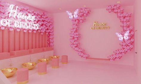 Pink Shopping Aesthetic, Pink Hair Salon, Decor Nail Salon, Beauty Bar Ideas, Vanity Makeup Rooms, Beauty Shop Decor, Makeup Studio Decor, Angel Wings Decor, Nail Salon Interior Design