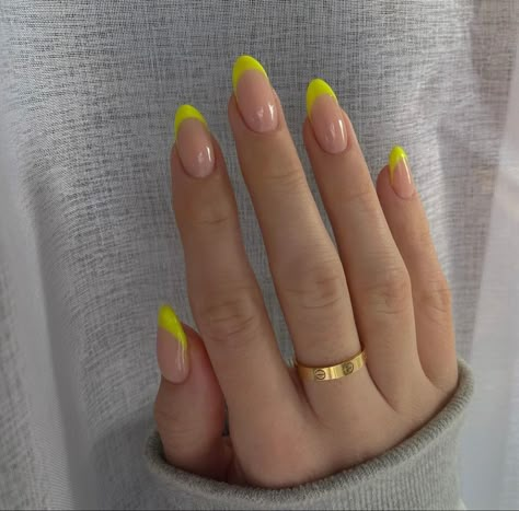 Fluorescent French Nails, Florescent French Tip Nails, French Tip Nails Fluro, French Different Color Nails, Neon Yellow Nails French Tip, Neon French Almond Nails, Bright Yellow Tip Nails, Blue And Yellow French Tip Nails, White Nails With Neon Tips