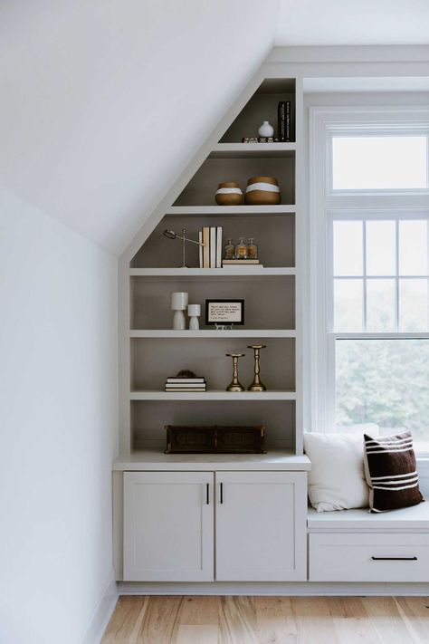 5 Tips to Transform Your Built-Ins - Linden Creek Bookshelves With Vaulted Ceiling, Angled Ceiling Built In Bookshelves, Knee Wall Built Ins, Home Built Ins, Built Ins Around Window, Bay Window Office, Small Home Library Ideas, Small Home Library, Angled Ceiling