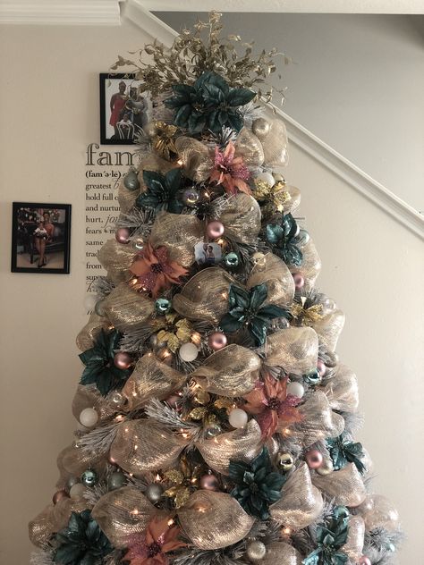 Gold, Teal and Mauve Christmas Tree. Teal And Pink Christmas Decor, Pink Teal Gold Christmas Tree, Rose Gold And Turquoise Christmas Tree, Pink Green Gold Christmas Tree, Pink Teal Christmas Tree, Rose Gold And Teal Christmas Tree, Teal And Pink Christmas Tree, Mauve Christmas Decor, Rose Gold And Blue Christmas Tree