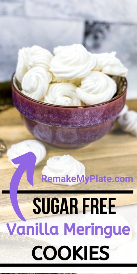 Air Fryer Meringue Cookies, Low Calorie Meringue Cookies, Sugar Free Meringue Cookies, Sugar Free Meringue, Meringue Cookies Recipe, Vanilla Meringue Cookies, Sugar Free Cookie Recipes, Sugar Free Desserts Easy, Meringue Cookie Recipe