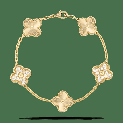 Vintage Alhambra bracelet, 5 motifs, guilloché yellow gold, round diamonds; diamond quality DEF, IF to VVS. Vintage Alhambra Bracelet, Luxury Wishlist, Alhambra Bracelet, F1 Wag, Gold Vans, Van Cleef And Arpels Jewelry, Clover Jewelry, Material Things, Golden Beads