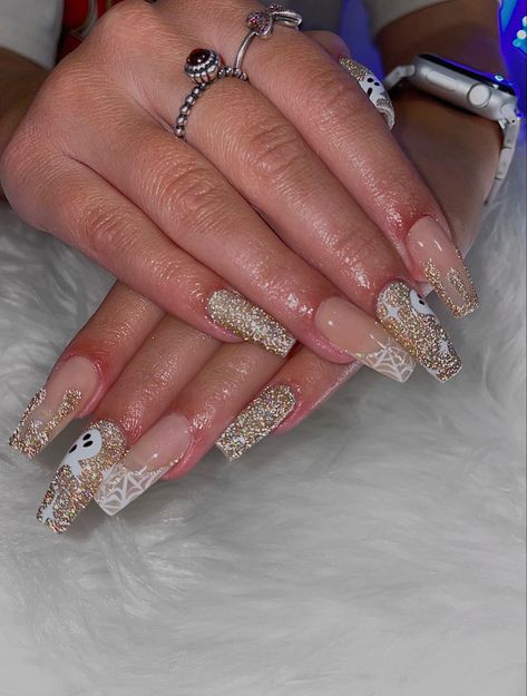 Gold Spooky Nails, Sparkly Ghost Nails, Gold Digger Nails, Gold Halloween Nails, Sparkly Halloween Nails, Sparkly Halloween, Dental Hygiene Student, French Acrylic Nails, Girly Acrylic Nails