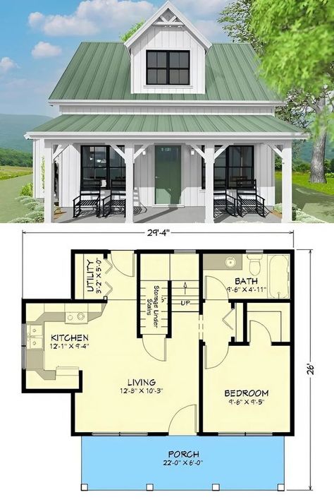 Home With Porch, 2 Story Tiny House, Porch Floor Plan, Small Home Plan, Porch Floor, Modern Townhouse, 2 Bedroom House Plans, A Small House, Porch Flooring