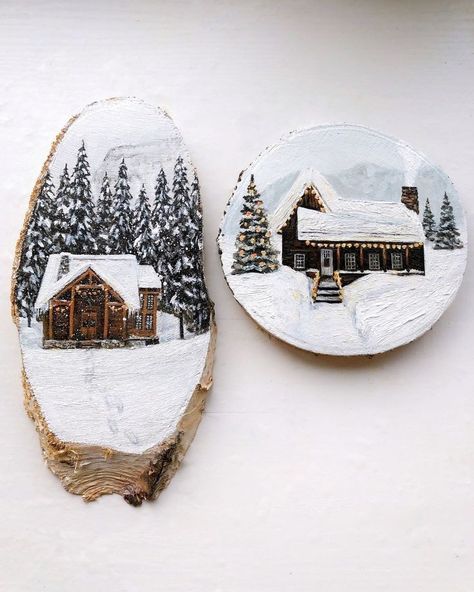 Christmas Paintings On Wood, Winter Christmas Scenes, Circle Painting, Wood Slice Art, Wood Painting Art, Winter Painting, Winter Wood, Wood Slice Ornament, Small Canvas Art