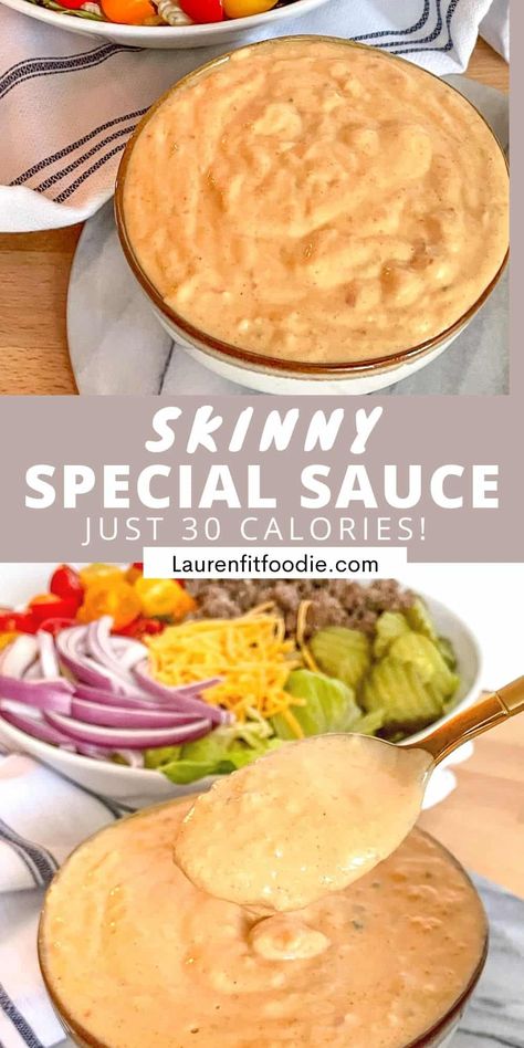 This Low Calorie Special Sauce has the delicious tang of In-N-Out's, but lightened up! Enjoy with burgers, chicken, fries, without the guilt! Che Recipe, Macros Meals, Warrior Babe, Nutritional Meals, Low Calorie Sauces, Burgers Chicken, Chicken Fries, Macro Recipes, Low Calorie Chicken