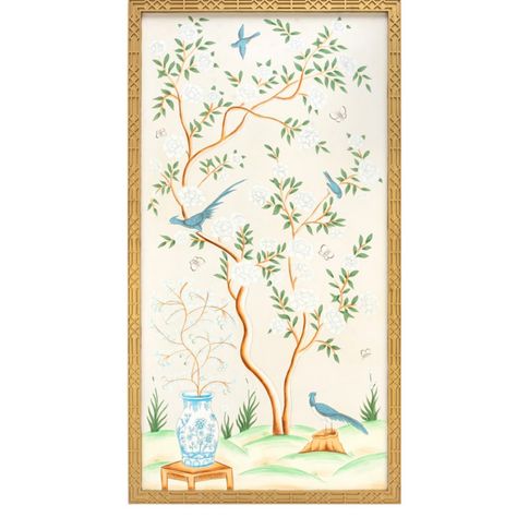 Ivory Chinoiserie Hand Painted Mural #3 Panelling With Wallpaper, Blue And White Decorations, Art For Above Bed, Chinoiserie Panel, Vienna House, Chinoiserie Panels, Lenox Village, Chinoiserie Room, Chinoiserie Mural